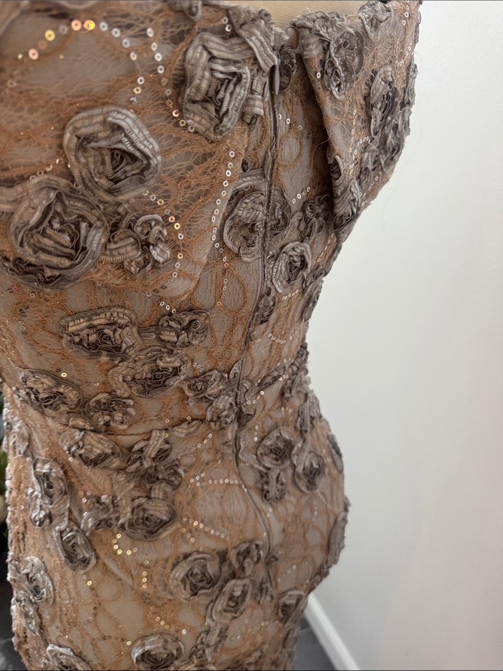 Xscape Nude-Beige Beaded Floral Maxi Dress with Front Slit - Picture 7 of 9